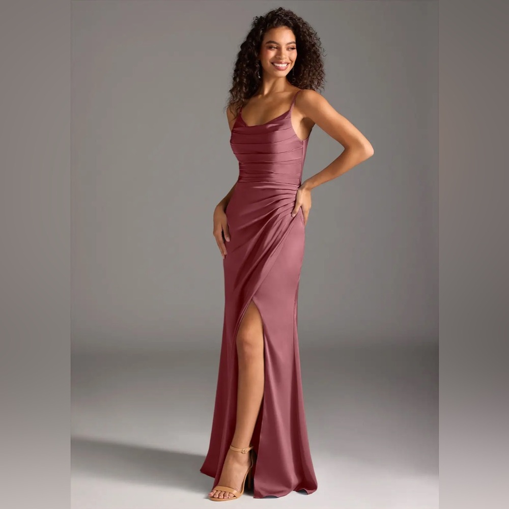 Azazie Deandra Desert Rose Mermaid Pleated Stretch Satin Dress - Size 6